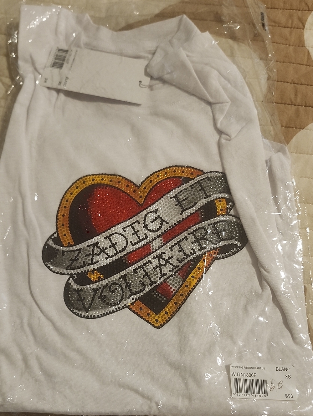 Zadig & Voltaire White Sequin Heart Logo Long Sleeve